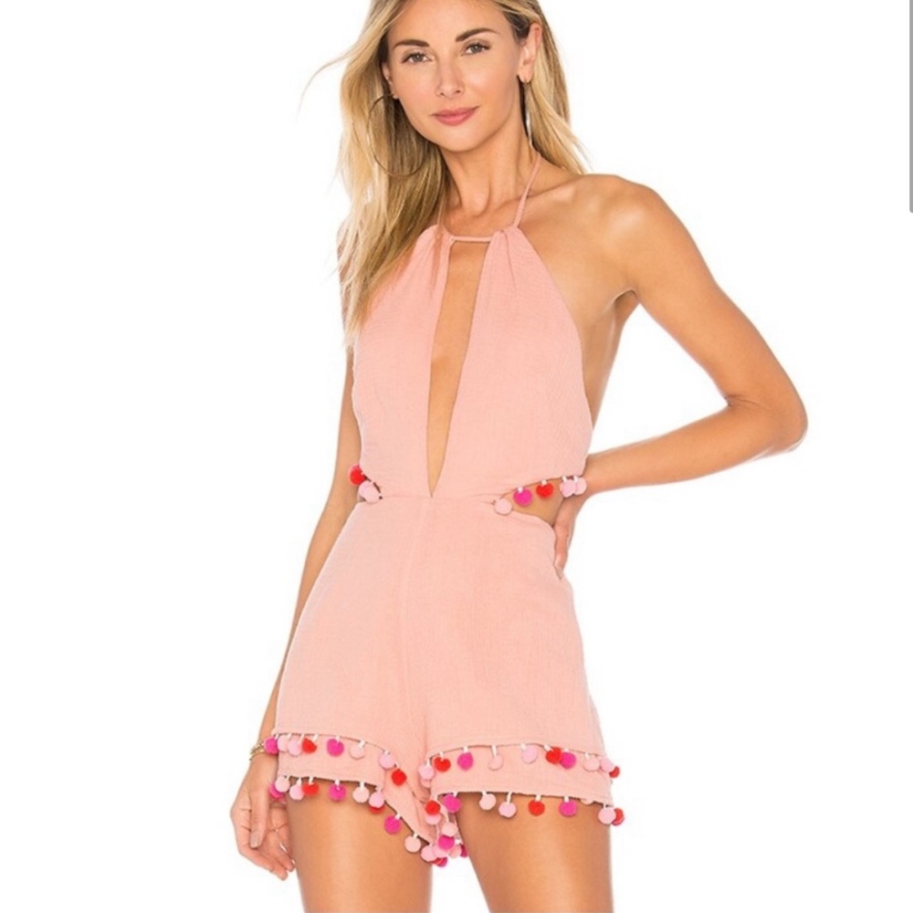 REVOLVE Pink Halter Pom-Pom Romper